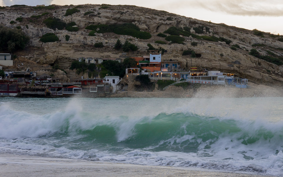 Surf breaking on the beach in Matala